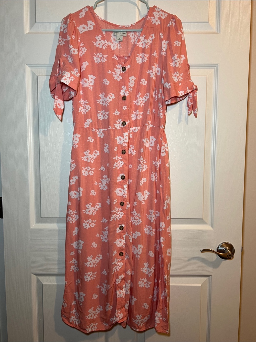 Button-Front Coral Floral Midi Dress with Tie Sleeves